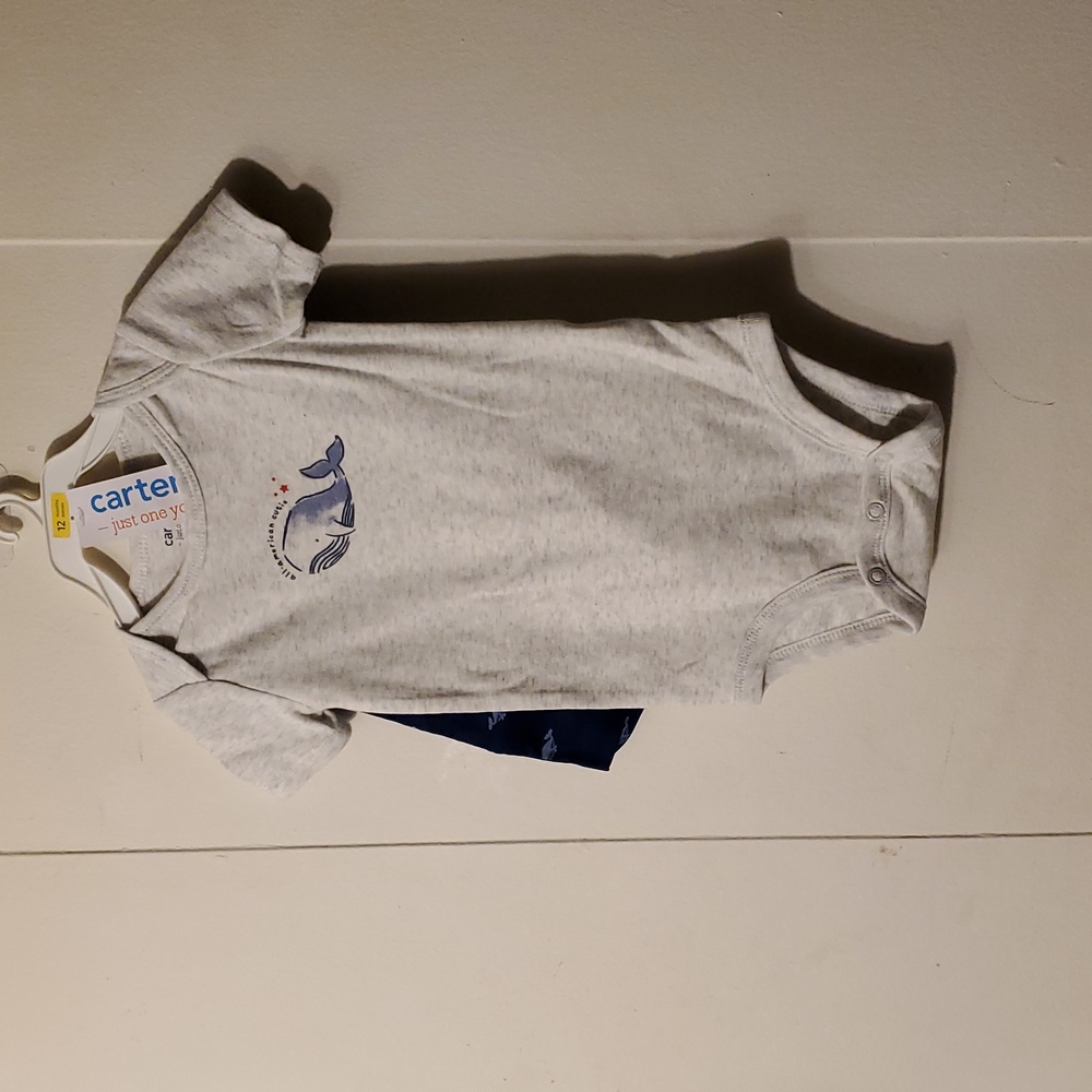 NWT 12M Carter's Set - "All-american cutie" Onsie with Blue Whale Print Short